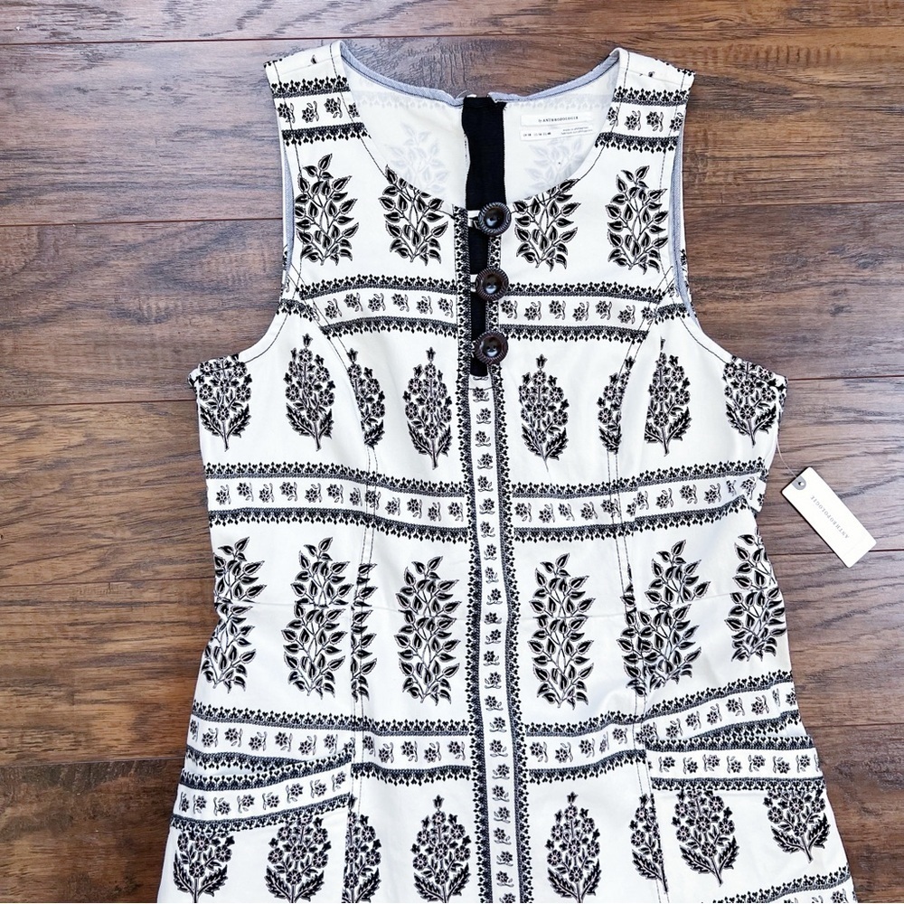 Anthropologie • Woodblock Midi Dress cream brown floral print stretch twill - Picture 4 of 13